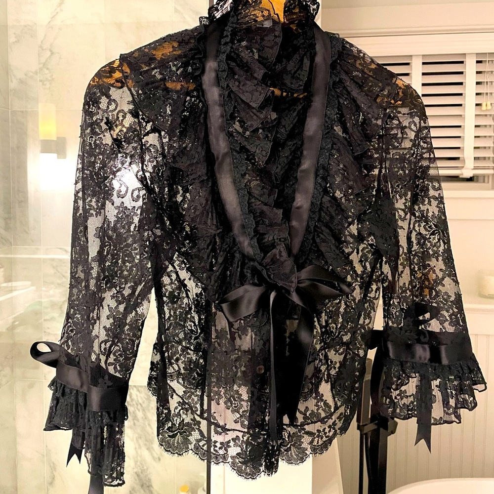 Paul smith black lace button up fluffy collar with black silk bows